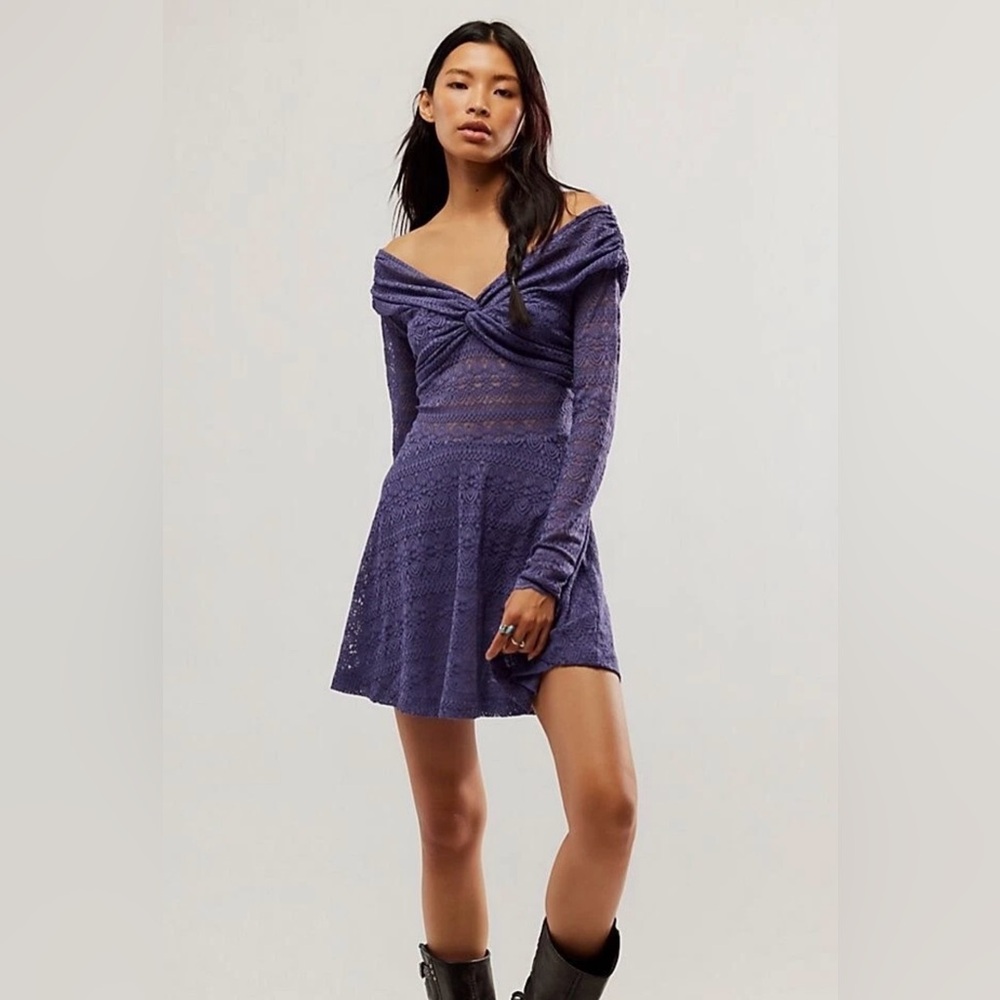 NWOT Free People Lila Lace Sheer Bodice A-Line Purple Twist Mini Dress Sz S